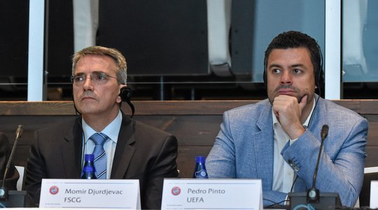 6 April 2016. Momir Djurdjevac, General Secretary of the Montenegrin FA, with Pedro Pinto, UEFA Chief of Communications & Media, during the UEFA Media Outreach Programme, Avala Resort and Villas, Mediteranska, Budva, Montenegro.